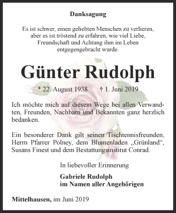 Traueranzeige von Günter Rudolph von Thüringer Allgemeine, Thüringische Landeszeitung