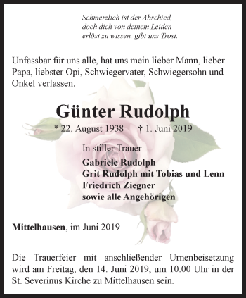 Traueranzeige von Günter Rudolph von Thüringer Allgemeine, Thüringische Landeszeitung