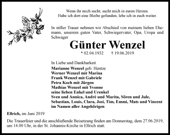 Traueranzeige von Günter Wenzel von Thüringer Allgemeine