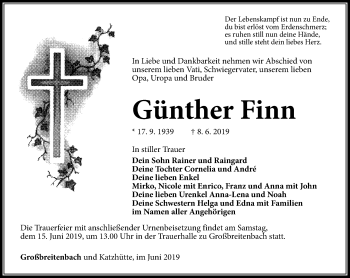 Traueranzeige von Günther Finn von Ostthüringer Zeitung