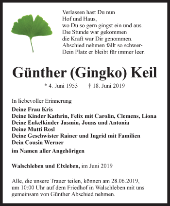 Traueranzeige von Günther Gingko Keil von Thüringer Allgemeine, Thüringische Landeszeitung