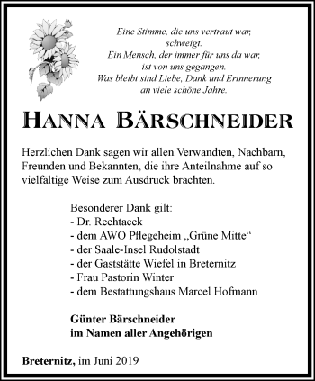 Traueranzeige von Hanna Bärschneider von Ostthüringer Zeitung