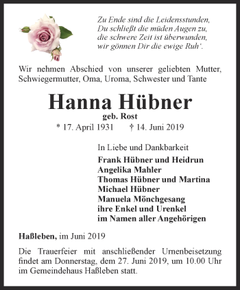 Traueranzeige von Hanna Hübner von Thüringer Allgemeine