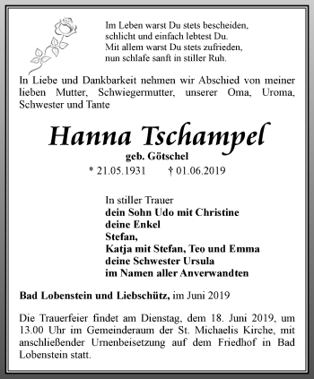 Traueranzeige von Hanna Tschamyer von Ostthüringer Zeitung