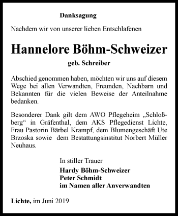 Traueranzeige von Hannelore Böhm-Schweizer von Ostthüringer Zeitung