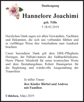 Traueranzeige von Hannelore Joachimi von Thüringer Allgemeine