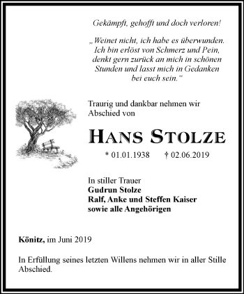 Traueranzeige von Hans Stolze von Ostthüringer Zeitung