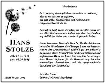 Traueranzeige von Hans Stolze von Ostthüringer Zeitung