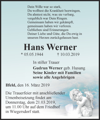 Traueranzeige von Hans Werner von Thüringer Allgemeine