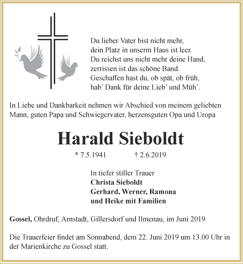  Traueranzeige für Harald Sieboldt vom 15.06.2019 aus Thüringer Allgemeine