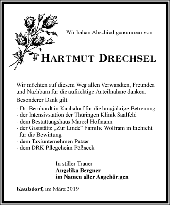 Traueranzeige von Hartmut Drechsel von Ostthüringer Zeitung