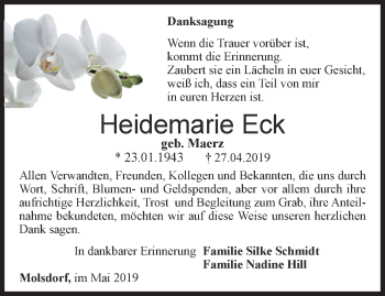 Traueranzeige von Heidemarie Eck von Thüringer Allgemeine, Thüringische Landeszeitung