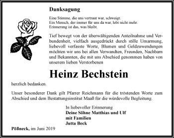 Traueranzeige von Heinz Bechstein von Ostthüringer Zeitung