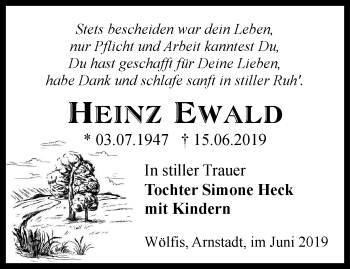 Traueranzeige von Heinz Ewald von Ostthüringer Zeitung, Thüringische Landeszeitung