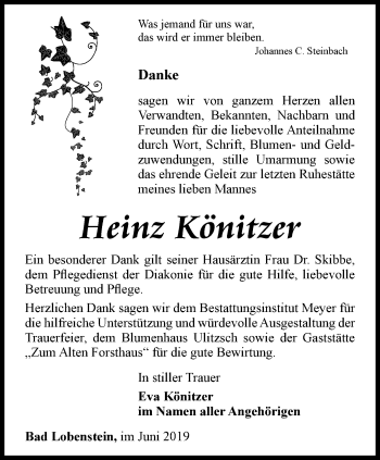 Traueranzeige von Heinz Könitzer von Ostthüringer Zeitung