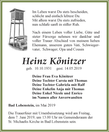 Traueranzeige von Heinz Könitzer von Ostthüringer Zeitung