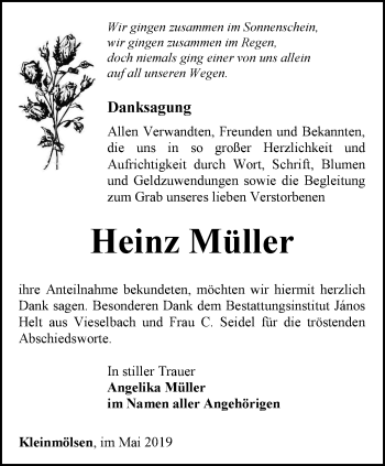 Traueranzeige von Heinz Müller von Thüringer Allgemeine, Thüringische Landeszeitung