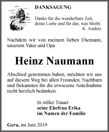 Traueranzeige von Heinz Naumann von Ostthüringer Zeitung