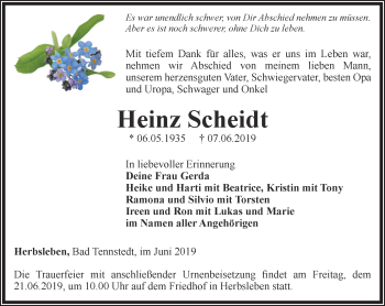 Traueranzeige von Heinz Scheidt von Thüringer Allgemeine, Thüringische Landeszeitung