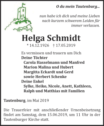 Traueranzeige von Helga Schmidt von Ostthüringer Zeitung, Thüringische Landeszeitung