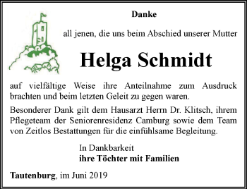 Traueranzeige von Helga Schmidt von Ostthüringer Zeitung, Thüringische Landeszeitung