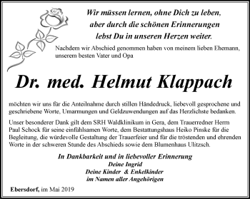Traueranzeige von Helmut Klappach von Ostthüringer Zeitung