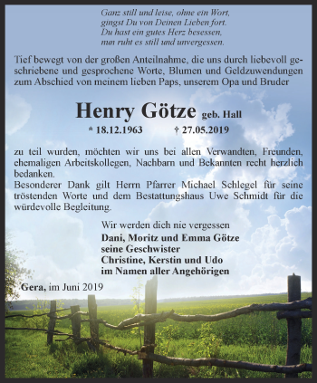 Traueranzeige von Henry Götze von Ostthüringer Zeitung