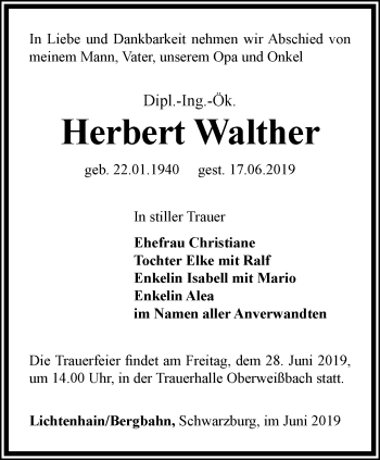 Traueranzeige von Herbert Walther von Ostthüringer Zeitung