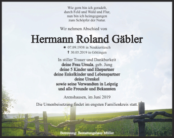 Traueranzeige von Hermann Roland Gäbler von Thüringer Allgemeine