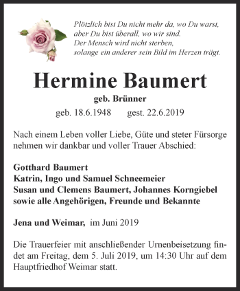 Traueranzeige von Hermine Baumert von Ostthüringer Zeitung, Thüringische Landeszeitung