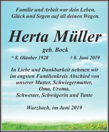 Traueranzeige von Herta Müller von Ostthüringer Zeitung
