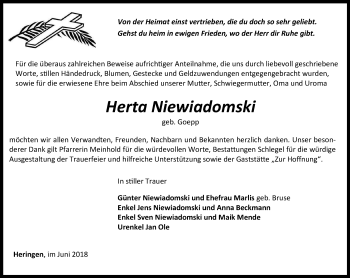 Traueranzeige von Herta Niewiadomski von Thüringer Allgemeine