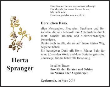 Traueranzeige von Herta Spranger von Ostthüringer Zeitung