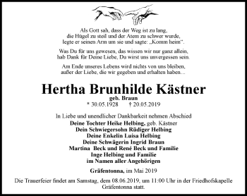 Traueranzeige von Hertha Brunhilde Kästner von Thüringer Allgemeine, Thüringische Landeszeitung