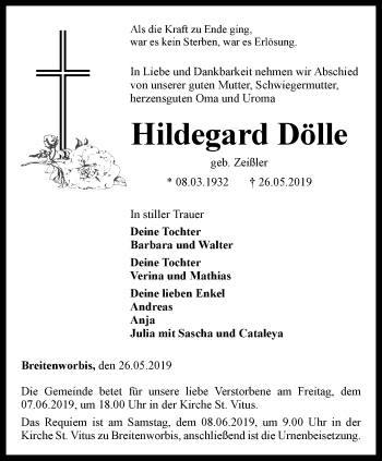 Traueranzeige von Hildegard Dölle von Thüringer Allgemeine