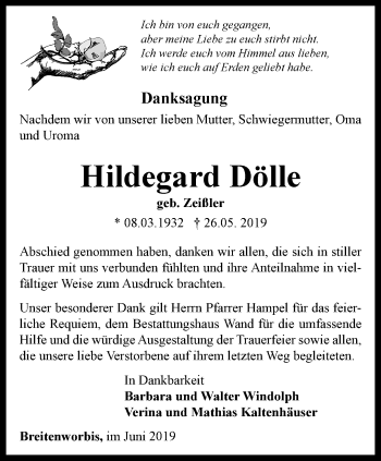 Traueranzeige von Hildegard Dölle von Thüringer Allgemeine