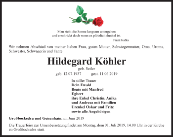 Traueranzeige von Hildegard Köhler von Ostthüringer Zeitung