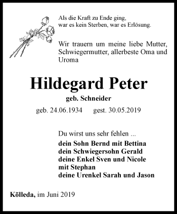 Traueranzeige von Hildegard Peter von Thüringer Allgemeine