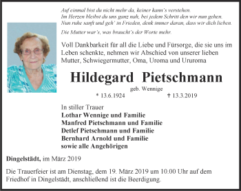 Traueranzeige von Hildegard Pietschmann von Thüringer Allgemeine