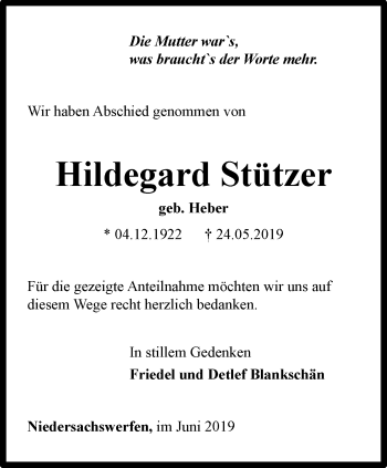 Traueranzeige von Hildegard Stützer von Thüringer Allgemeine