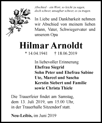Traueranzeige von Hilmar Arnoldt von Ostthüringer Zeitung