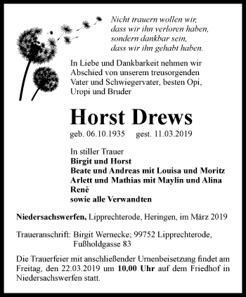 Traueranzeige von Horst Drews von Thüringer Allgemeine