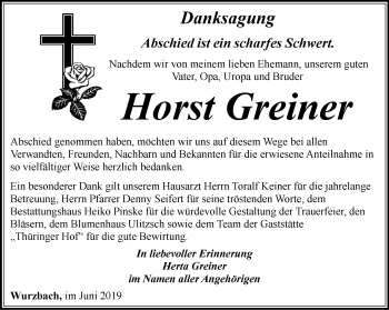 Traueranzeige von Horst Greiner von Ostthüringer Zeitung