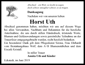 Traueranzeige von Horst Uth von Thüringer Allgemeine, Thüringische Landeszeitung