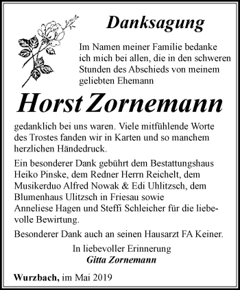 Traueranzeige von Horst Zornemann von Ostthüringer Zeitung