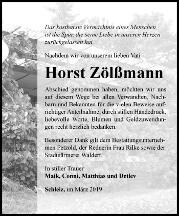 Traueranzeige von Horst Zölßmann von Ostthüringer Zeitung