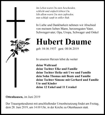 Traueranzeige von Hubert Daume von Thüringer Allgemeine