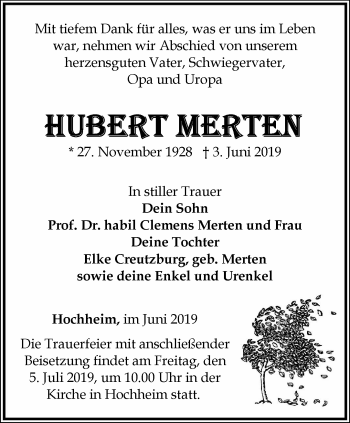 Traueranzeige von Hubert Merten von Ostthüringer Zeitung, Thüringische Landeszeitung
