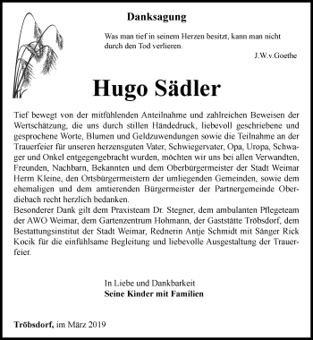 Traueranzeige von Hugo Sädler von Thüringer Allgemeine, Thüringische Landeszeitung