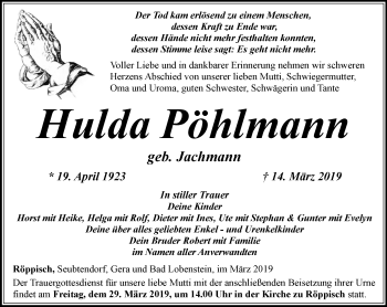 Traueranzeige von Hulda Pöhlmann von Ostthüringer Zeitung